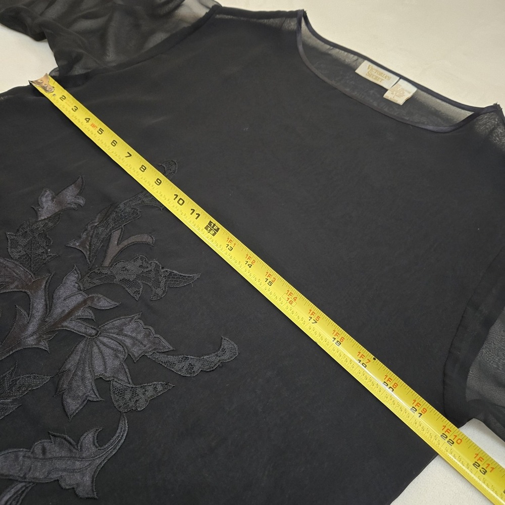Vintage Victorias Secret Black Sheer Floral Embroidered Lace Trim Blouse Top L - Picture 9 of 13